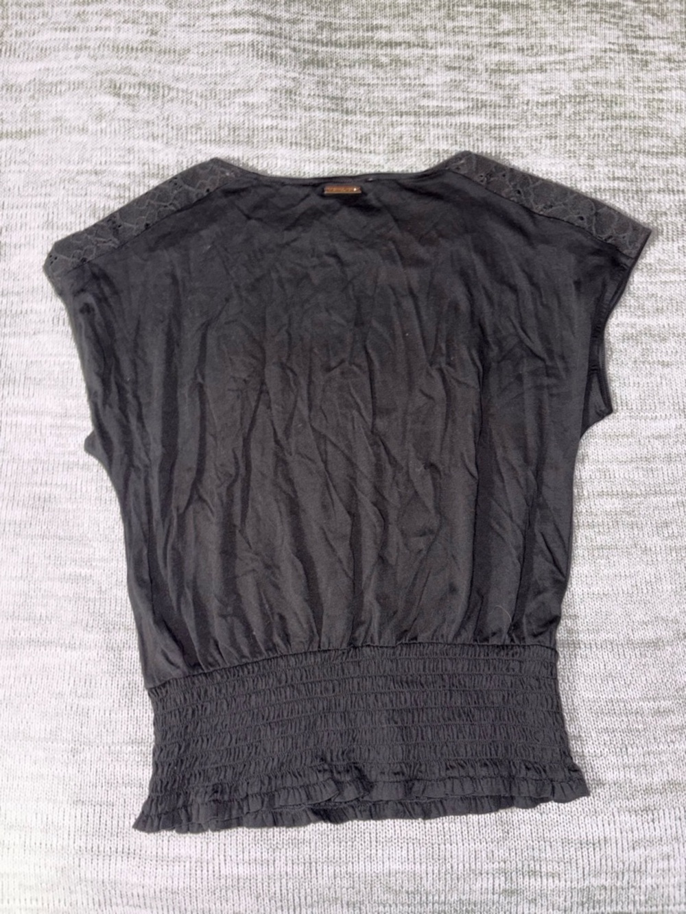 Michael Kors Black Short Sleeve Smocked-Waist Blouse - Picture 2 of 4